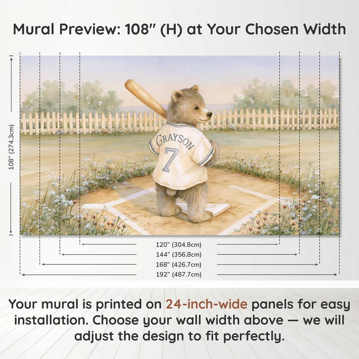 Panel layout and dimensions for Baseball Bear Jersey Personalized Wall Mural by Whimsy Tots