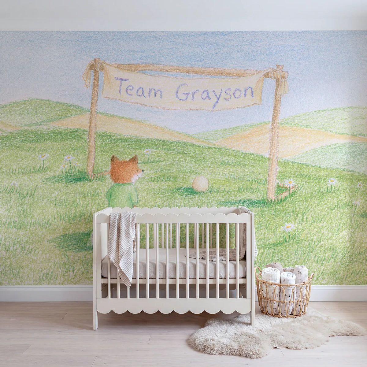 Colored pencil fox goalkeeper personalized wall mural with lettered goal banner by Whimsy Tots