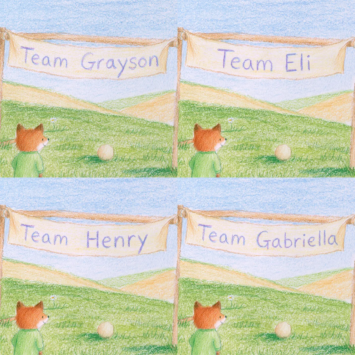 Four name preview examples of Soccer Fox Goalkeeper Personalized Wall Mural by Whimsy Tots