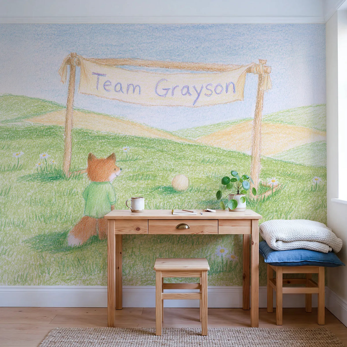 Soccer Fox Goalkeeper Personalized Wall Mural in playroom setting by Whimsy Tots