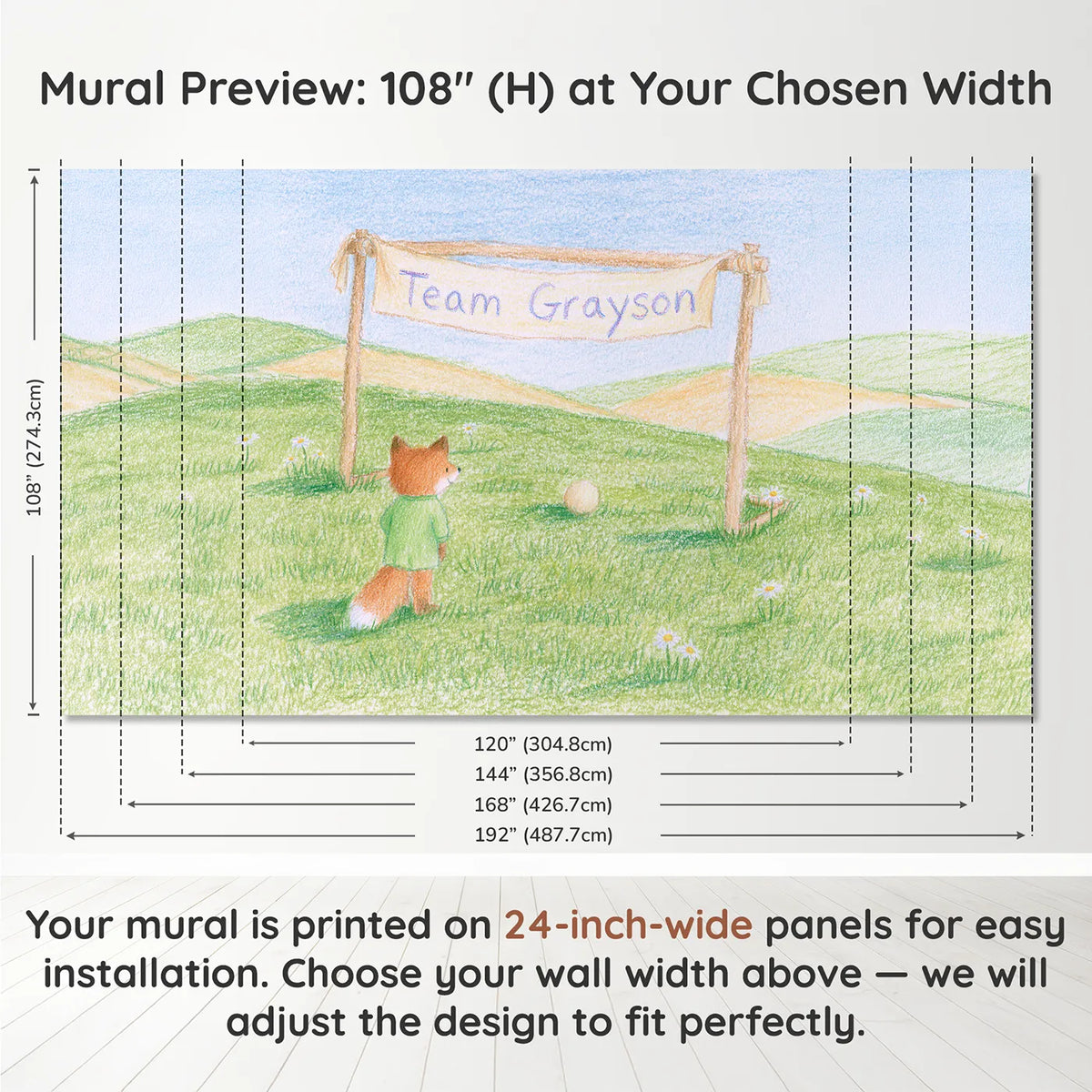 Panel layout and dimensions for Soccer Fox Goalkeeper Personalized Wall Mural by Whimsy Tots
