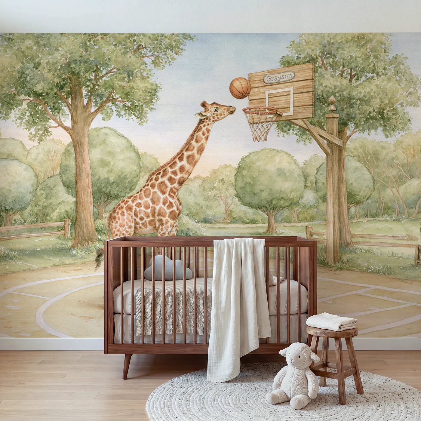 Storybook giraffe basketball personalized wall mural with lettered backboard plate by Whimsy Tots