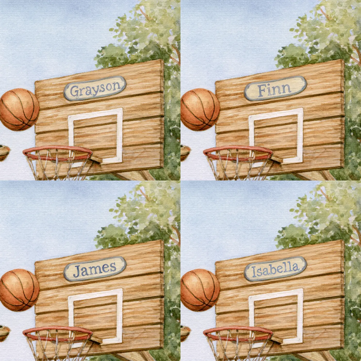 Four name preview examples of Basketball Giraffe Hoop Personalized Wall Mural by Whimsy Tots