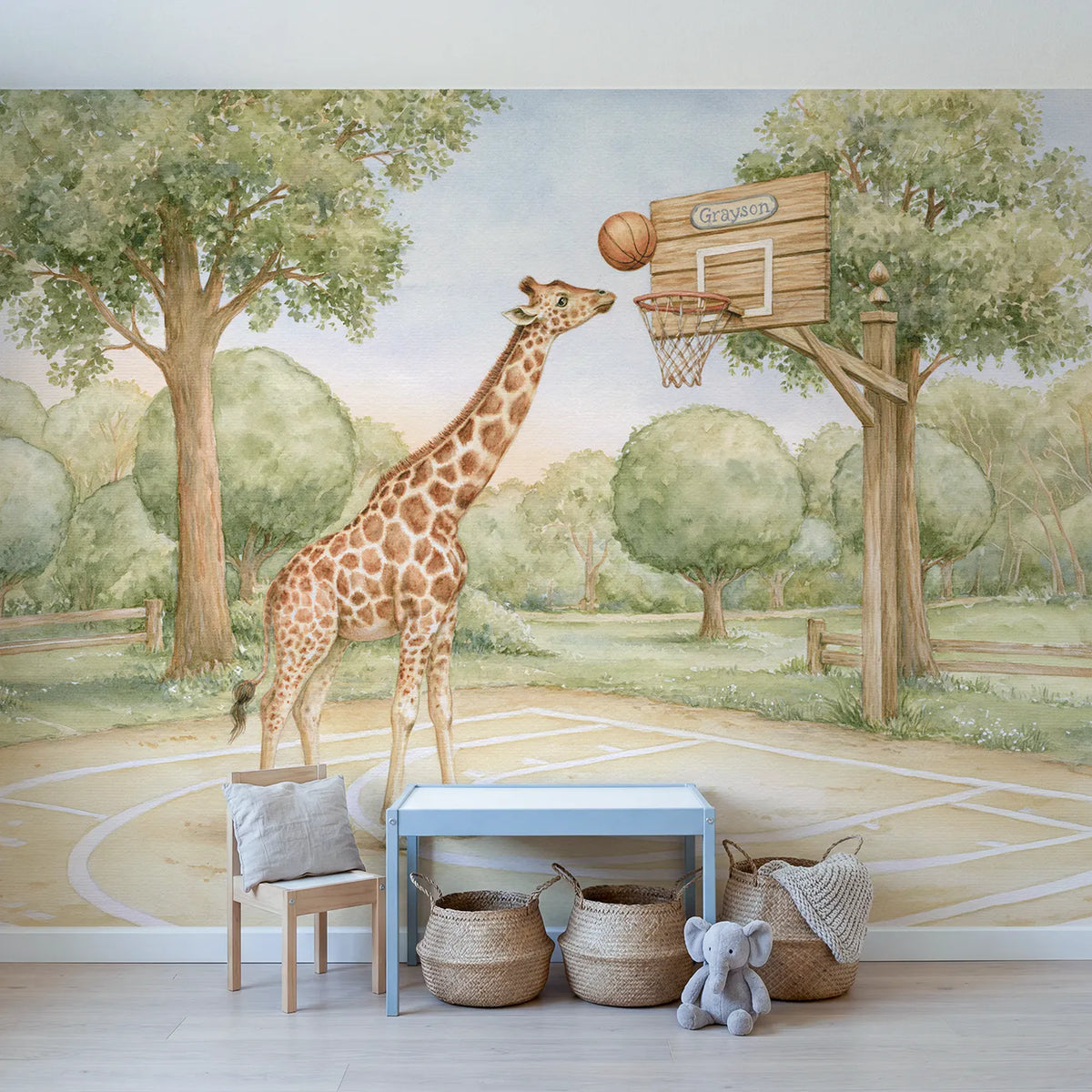 Basketball Giraffe Hoop Personalized Wall Mural in playroom setting by Whimsy Tots