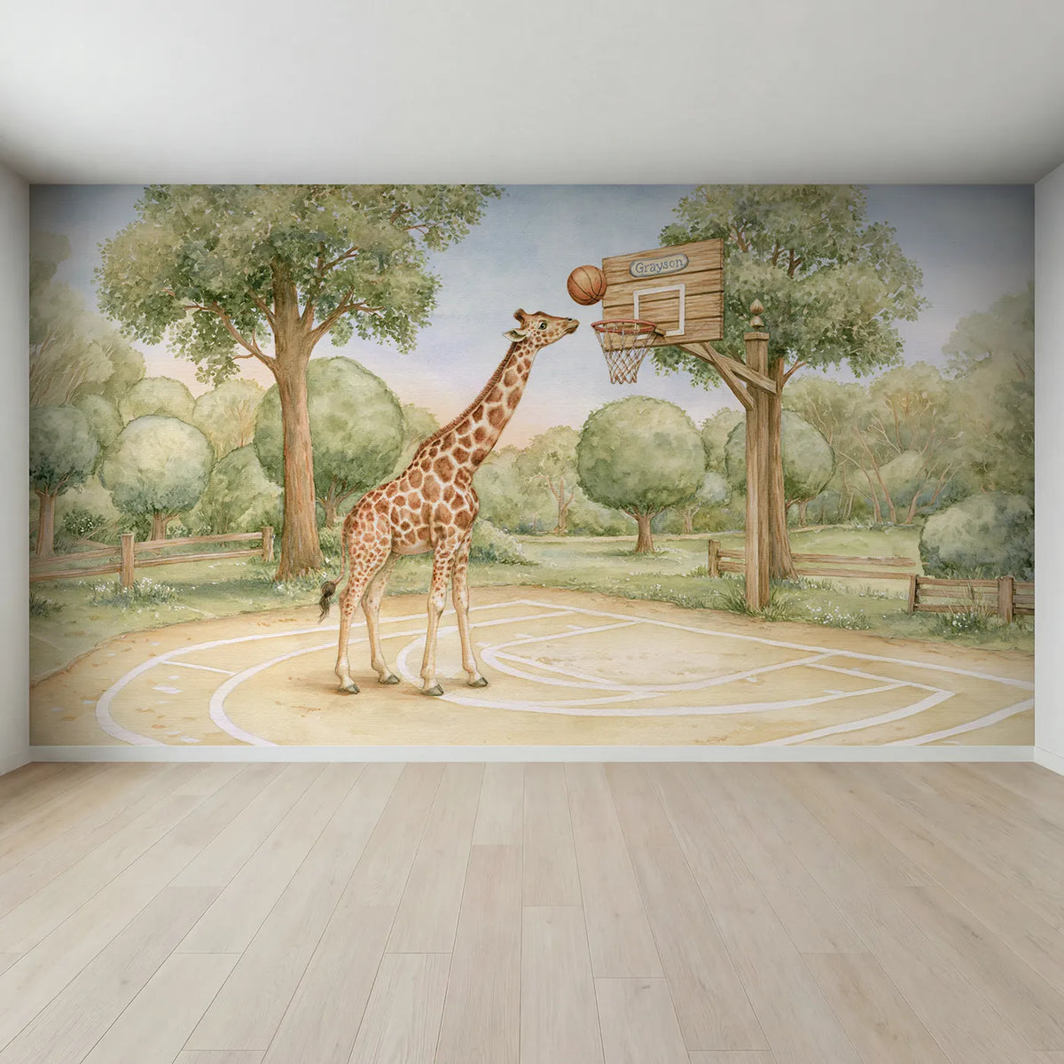 Full view of Basketball Giraffe Hoop Personalized Wall Mural by Whimsy Tots