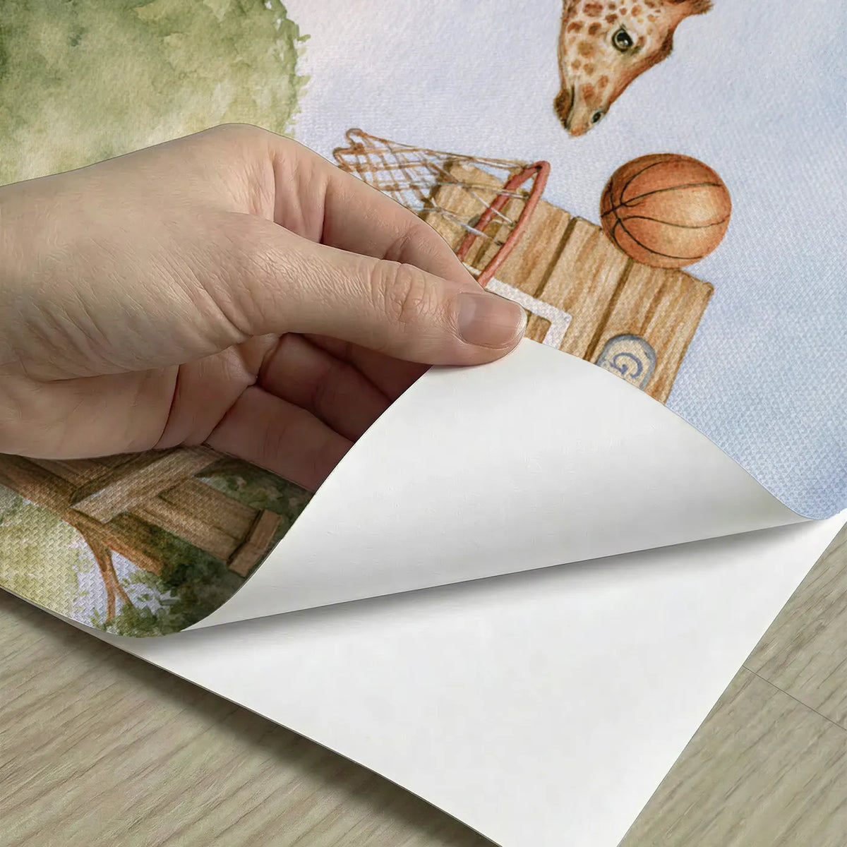 Peel-and-stick detail of Basketball Giraffe Hoop Personalized Wall Mural by Whimsy Tots