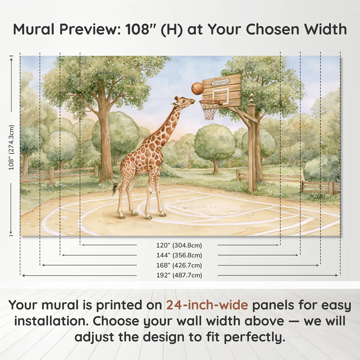 Panel layout and dimensions for Basketball Giraffe Hoop Personalized Wall Mural by Whimsy Tots