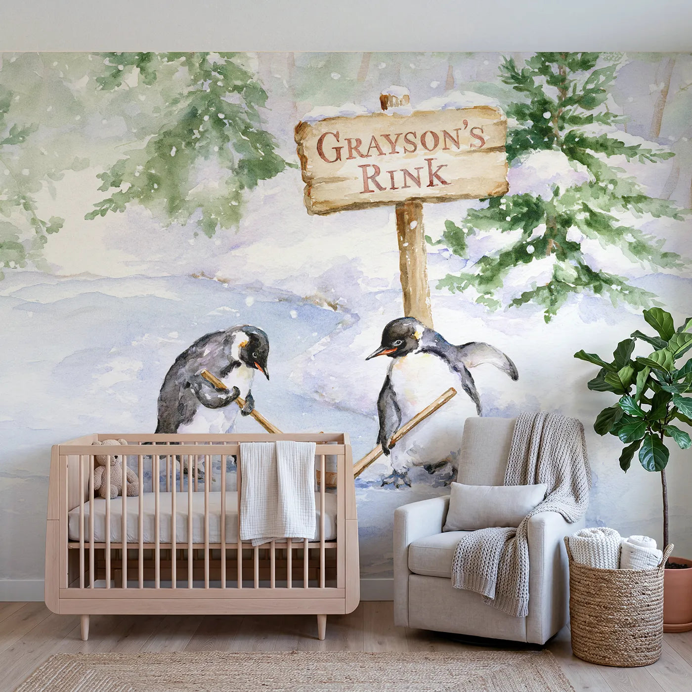 Watercolor penguins pond hockey personalized wall mural with lettered rink-side sign by Whimsy Tots