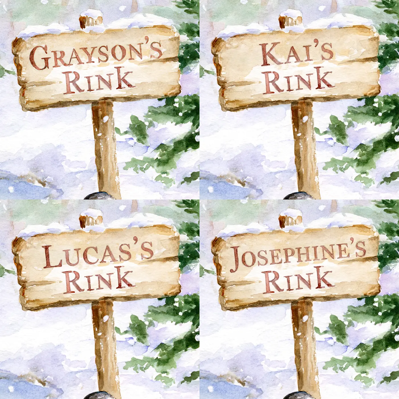 Four name preview examples of Penguin Pond Hockey Personalized Wall Mural by Whimsy Tots
