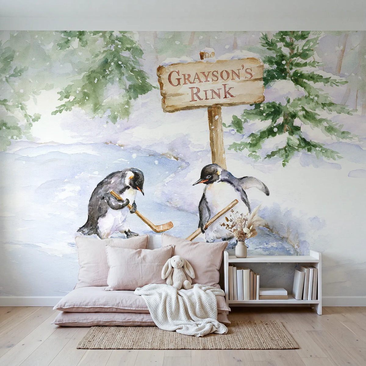 Penguin Pond Hockey Personalized Wall Mural in playroom setting by Whimsy Tots