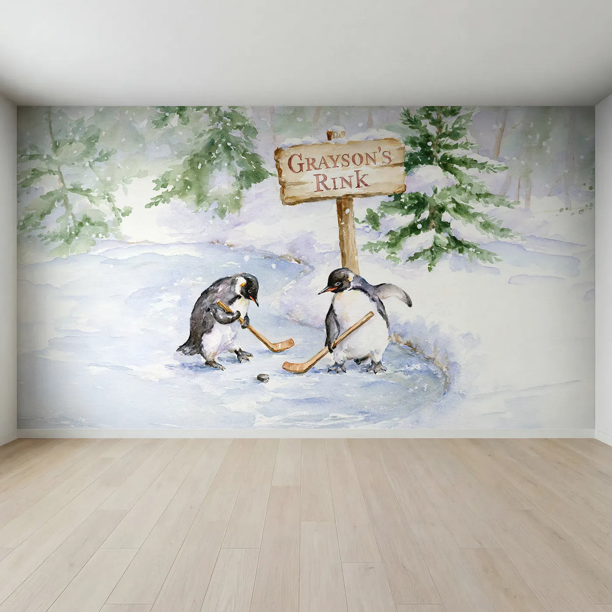Full view of Penguin Pond Hockey Personalized Wall Mural by Whimsy Tots