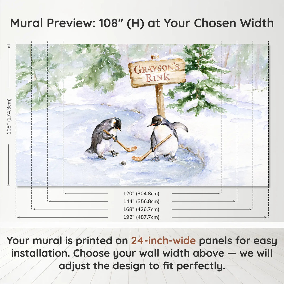Panel layout and dimensions for Penguin Pond Hockey Personalized Wall Mural by Whimsy Tots