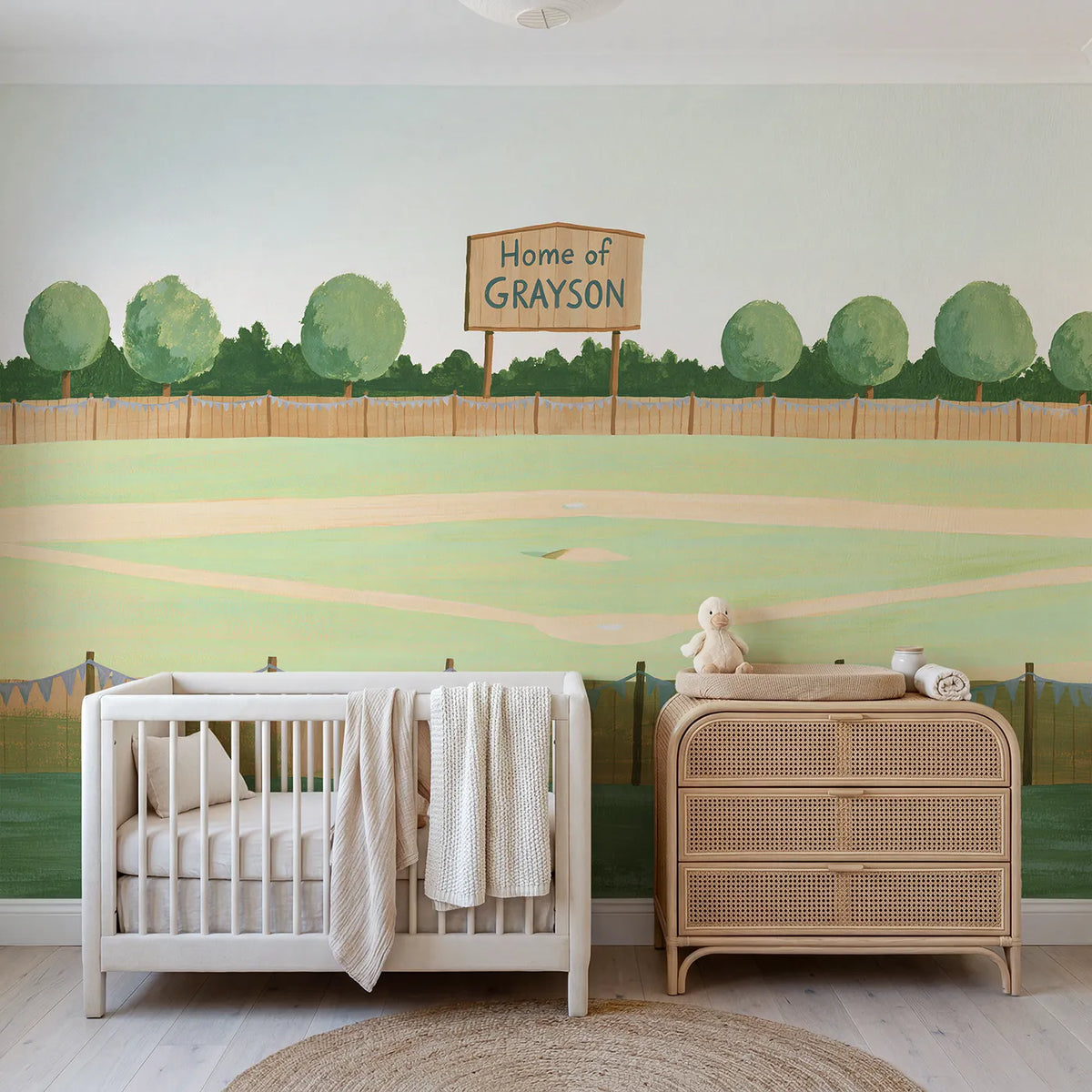 Modern illustration dawn ballfield personalized wall mural with lettered scoreboard by Whimsy Tots