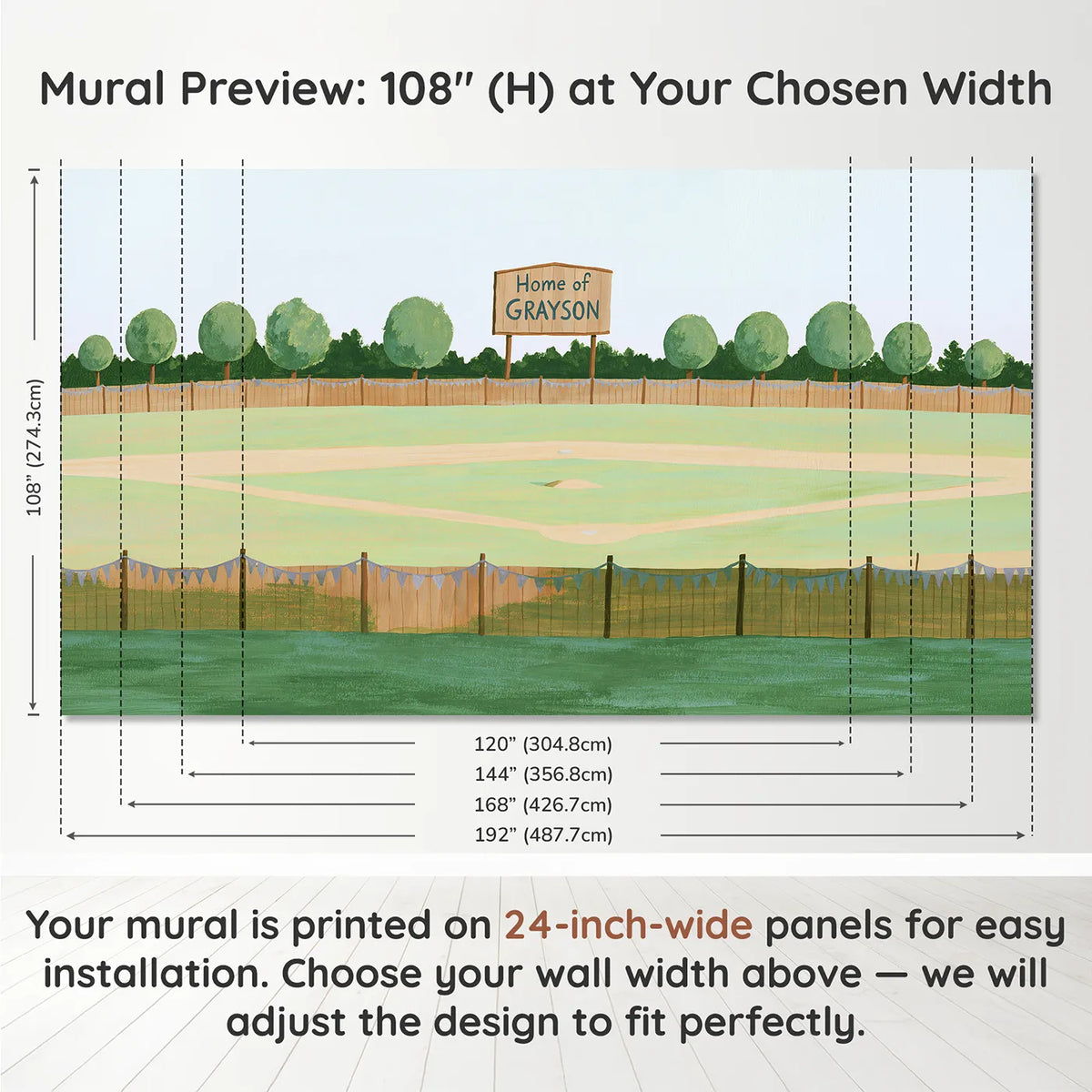 Panel layout and dimensions for Home Field Scoreboard Personalized Wall Mural by Whimsy Tots