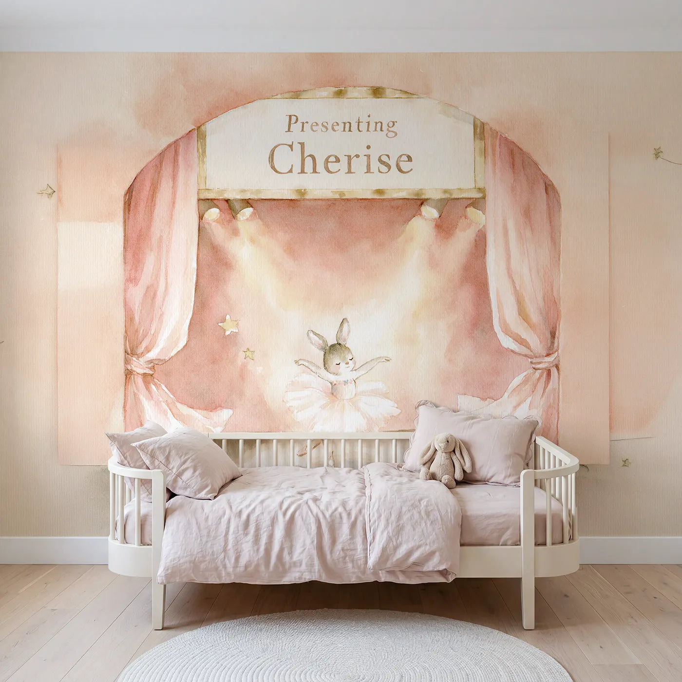 Watercolor ballerina bunny stage personalized wall mural with painted marquee board by Whimsy Tots