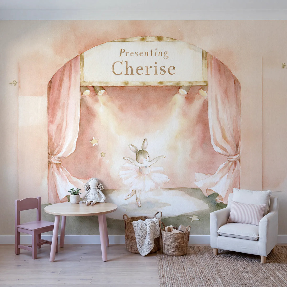 Recital Stage Marquee Personalized Wall Mural in playroom setting by Whimsy Tots