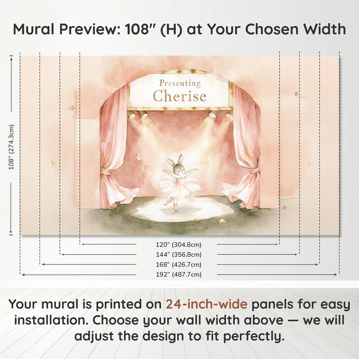 Panel layout and dimensions for Recital Stage Marquee Personalized Wall Mural by Whimsy Tots