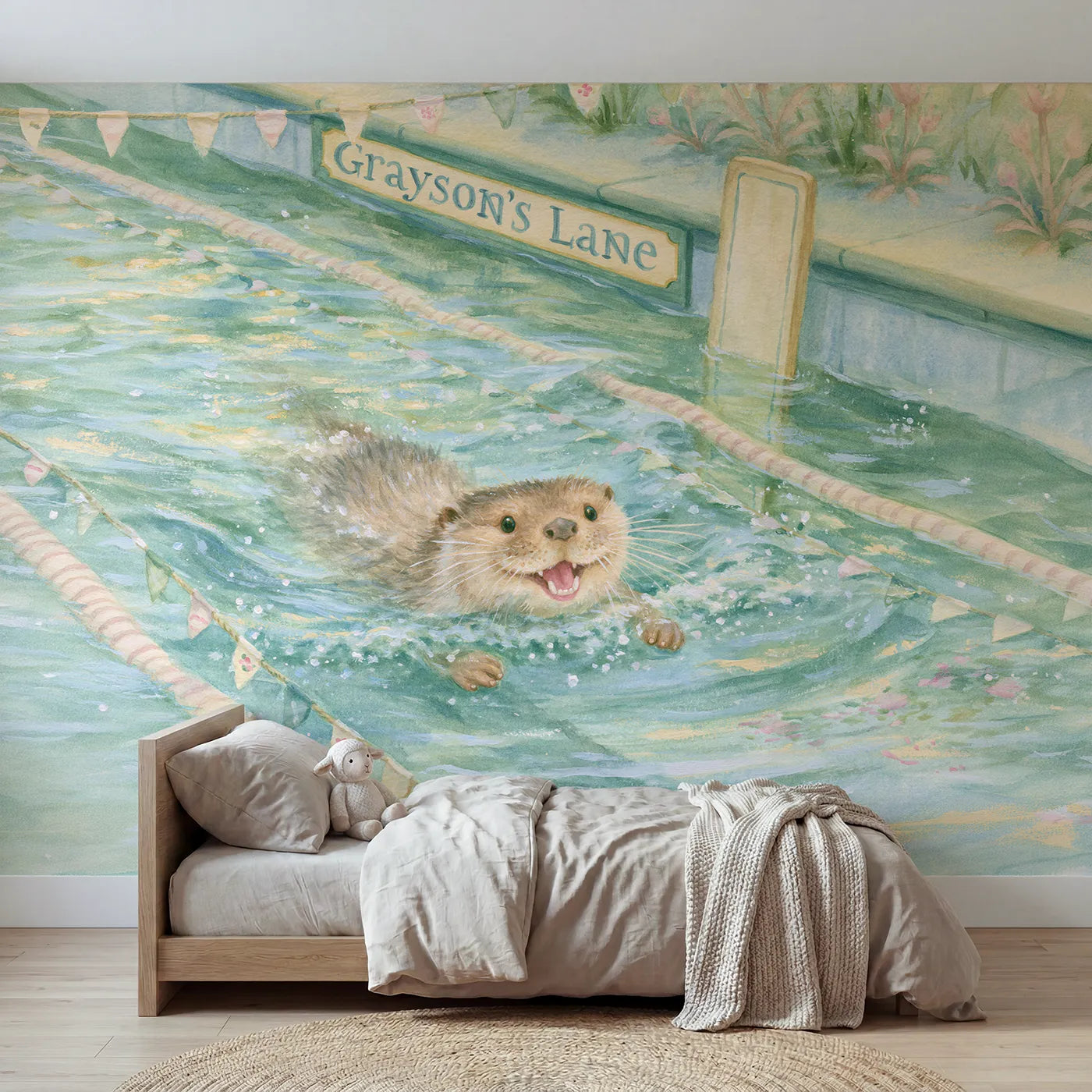 Storybook otter swim lane personalized wall mural with painted poolside board by Whimsy Tots