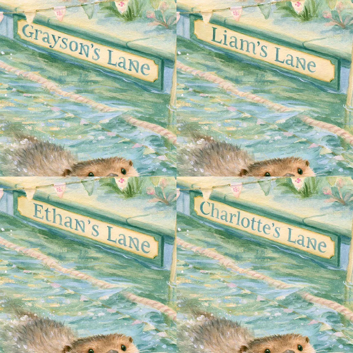 Four name preview examples of Otter Swim Lane Personalized Wall Mural by Whimsy Tots