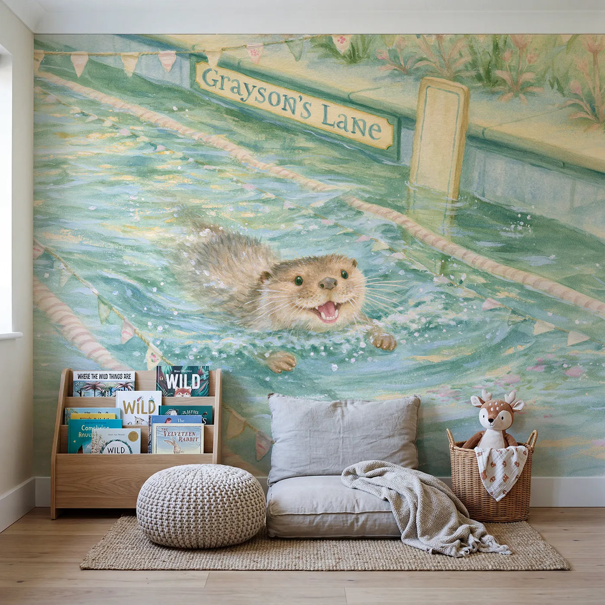 Otter Swim Lane Personalized Wall Mural in playroom setting by Whimsy Tots