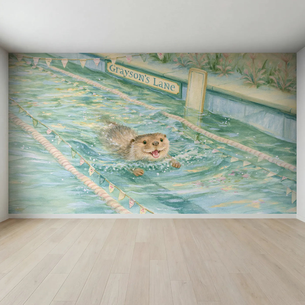 Full view of Otter Swim Lane Personalized Wall Mural by Whimsy Tots