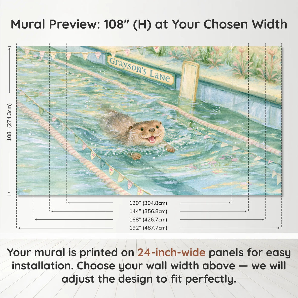 Panel layout and dimensions for Otter Swim Lane Personalized Wall Mural by Whimsy Tots