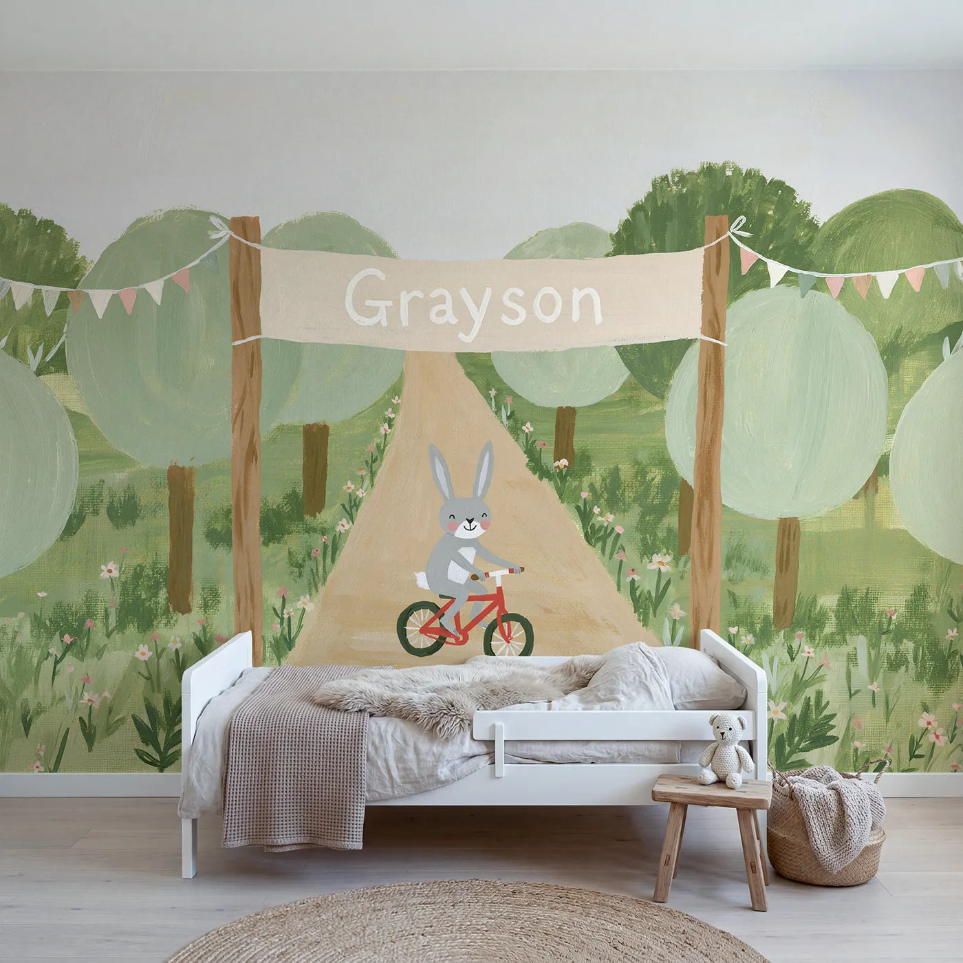 Modern illustration rabbit bicycle personalized wall mural with lettered finish banner by Whimsy Tots