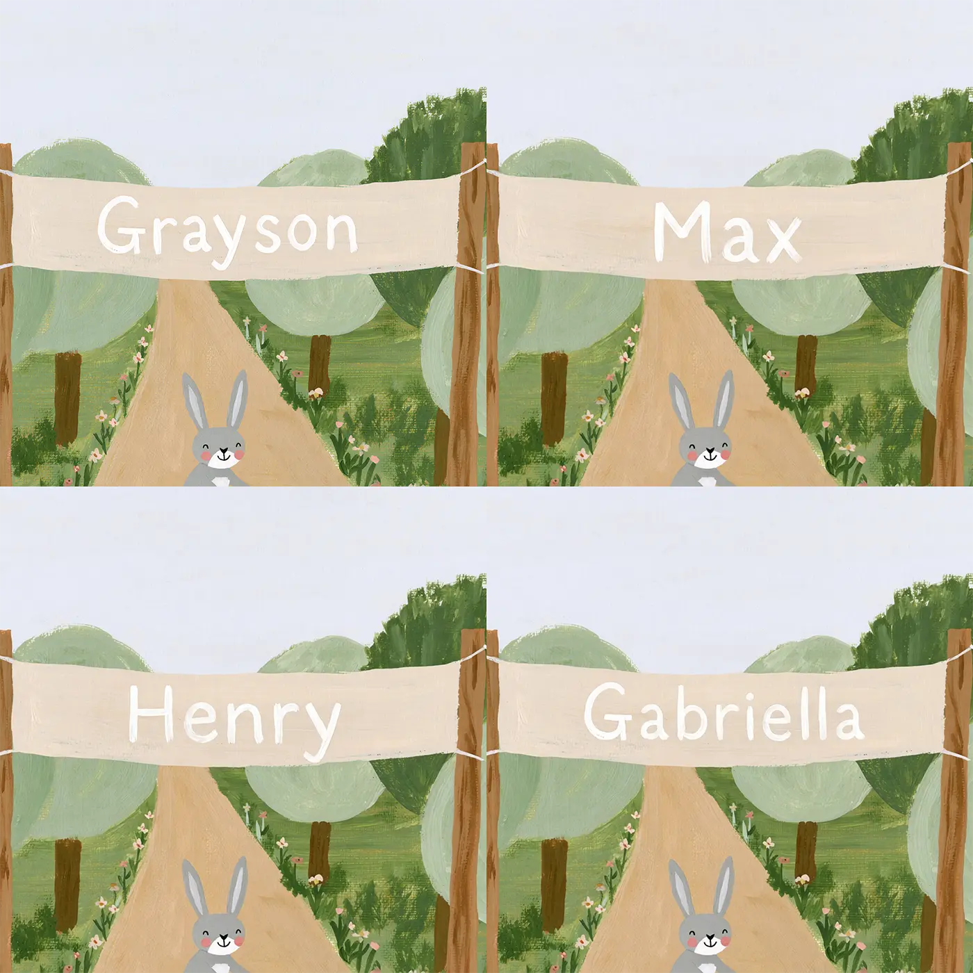 Four name preview examples of Bicycle Finish Banner Personalized Wall Mural by Whimsy Tots