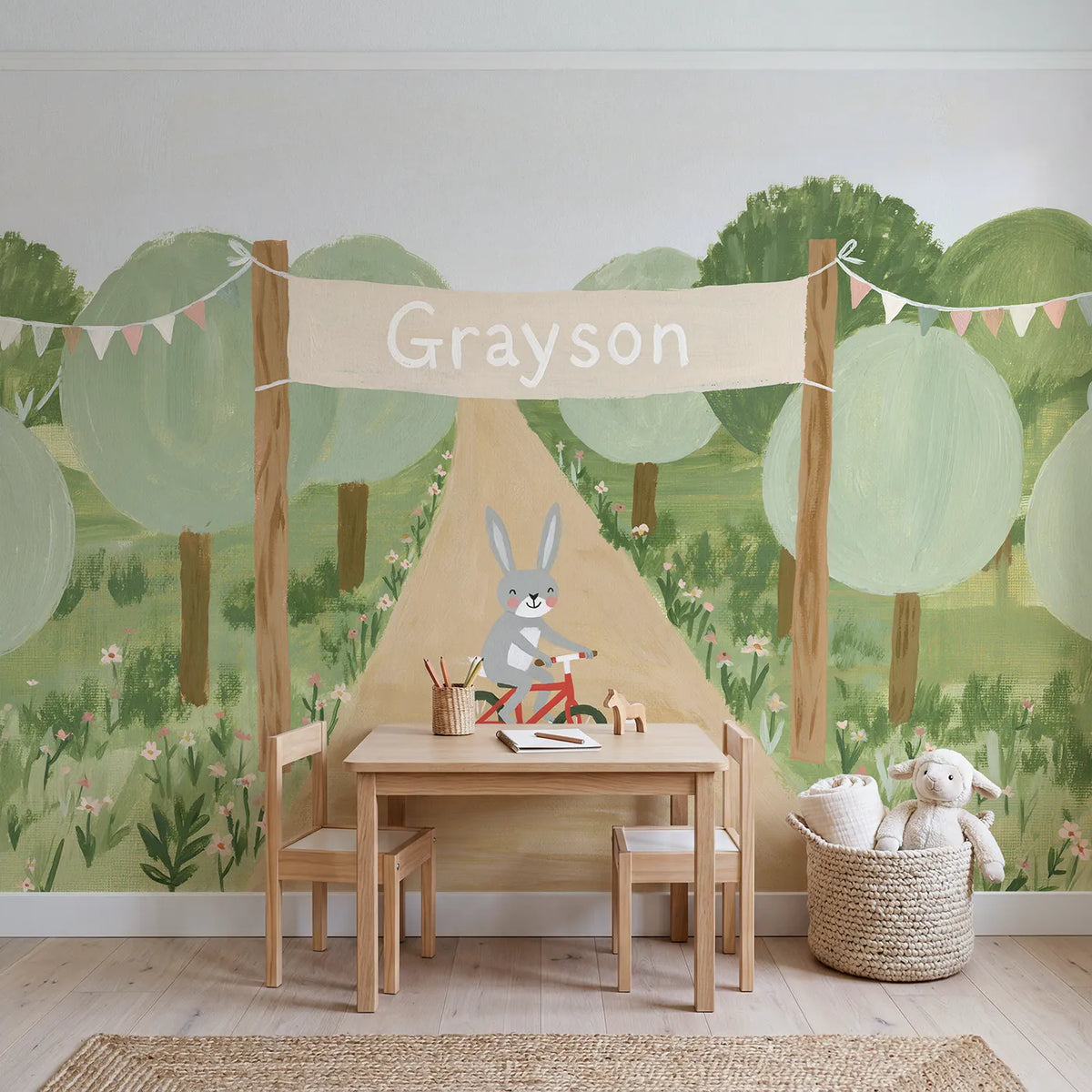 Bicycle Finish Banner Personalized Wall Mural in playroom setting by Whimsy Tots