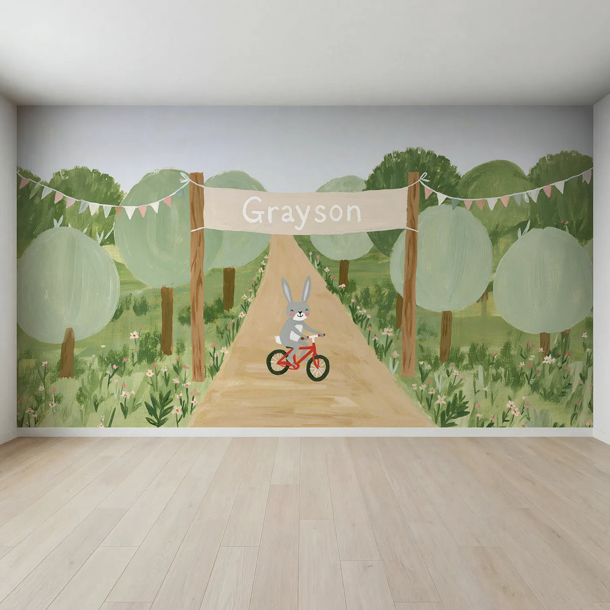 Full view of Bicycle Finish Banner Personalized Wall Mural by Whimsy Tots