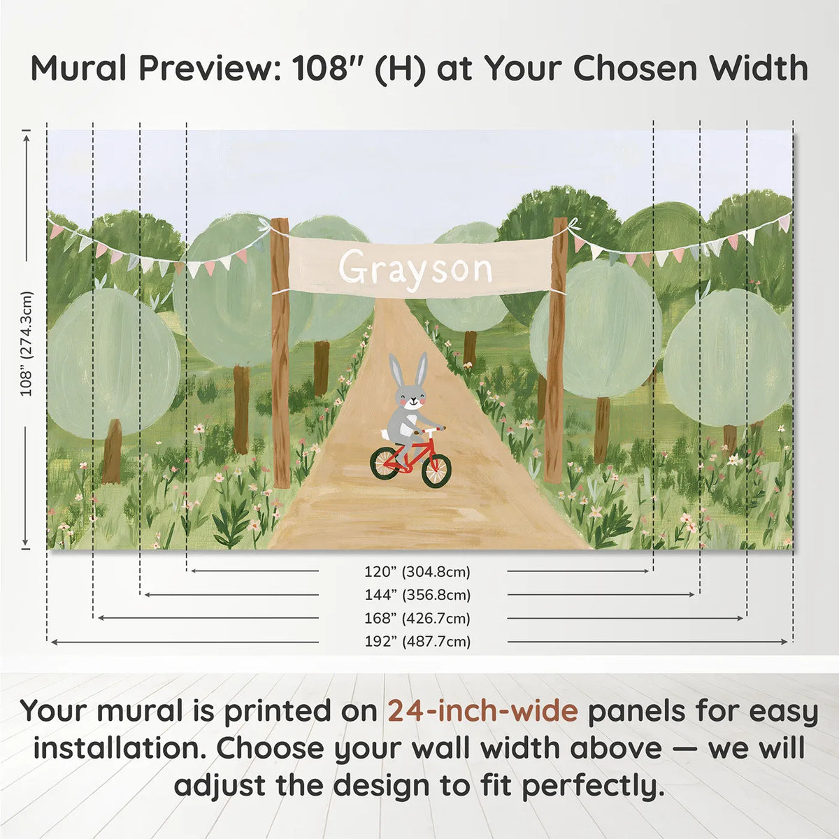Panel layout and dimensions for Bicycle Finish Banner Personalized Wall Mural by Whimsy Tots