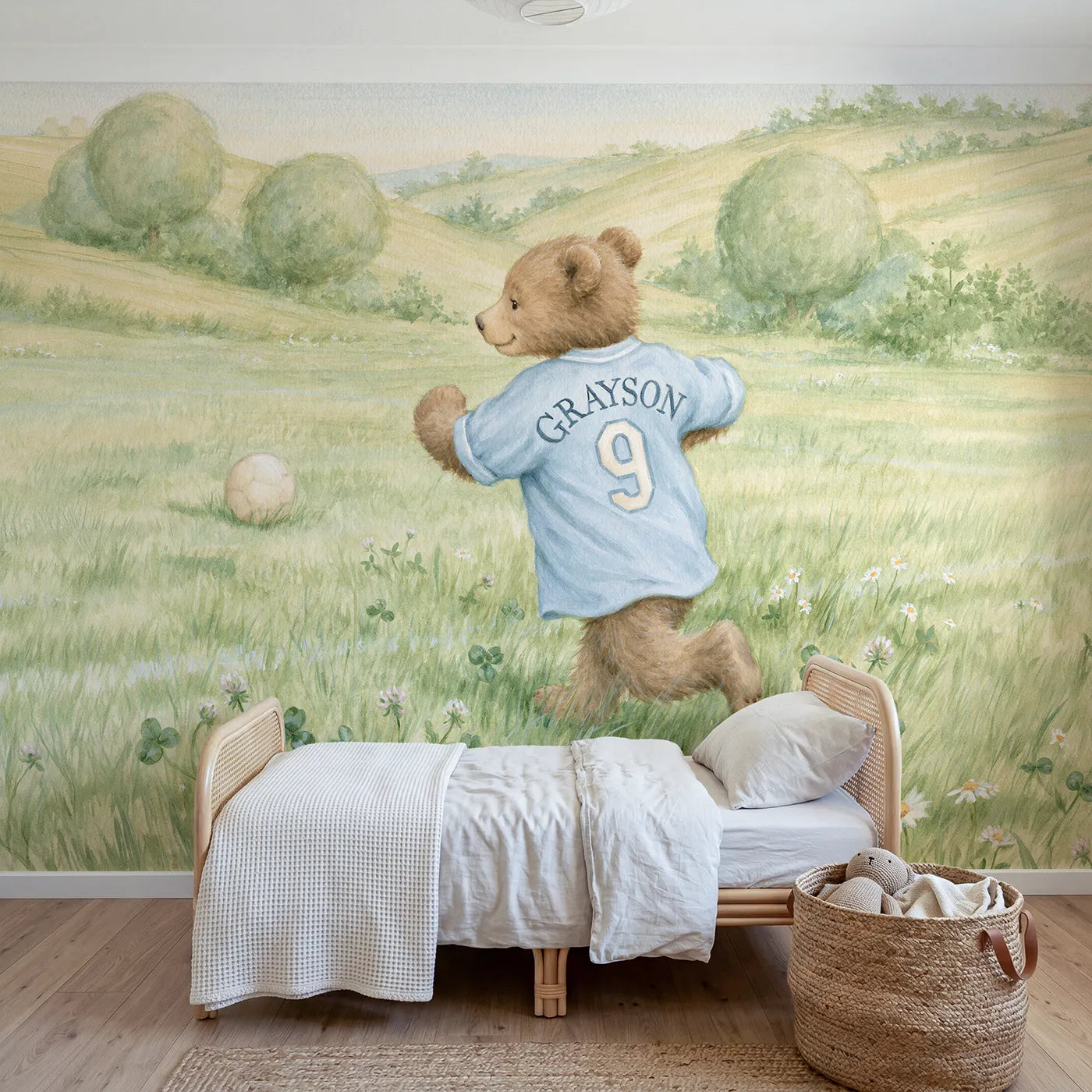 Storybook bear cub soccer personalized wall mural with arched jersey lettering and number by Whimsy Tots