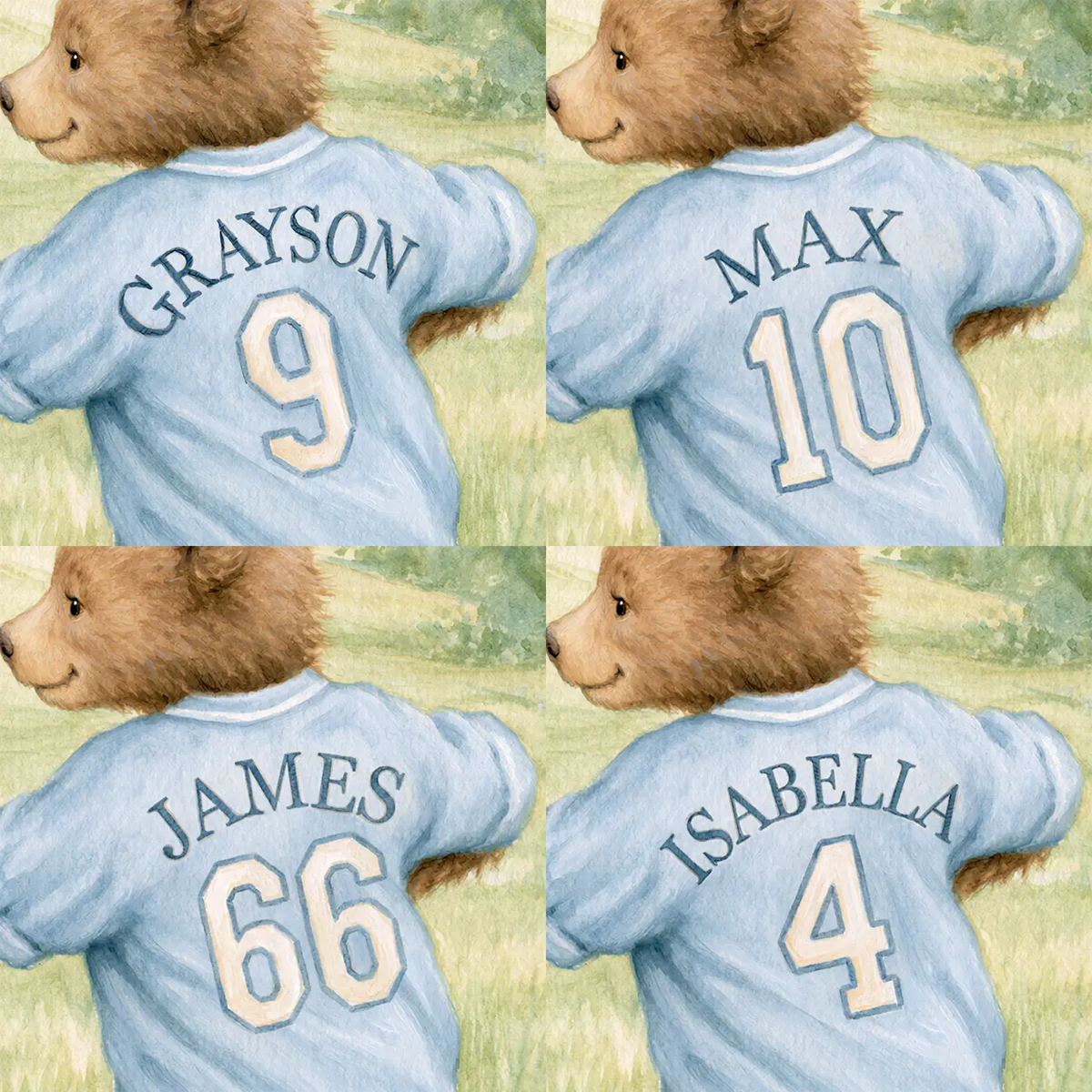 Four name preview examples of Soccer Bear Jersey Personalized Wall Mural by Whimsy Tots