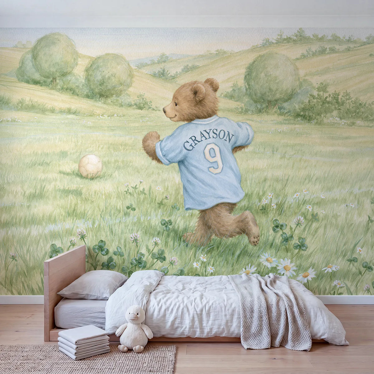 Soccer Bear Jersey Personalized Wall Mural in playroom setting by Whimsy Tots