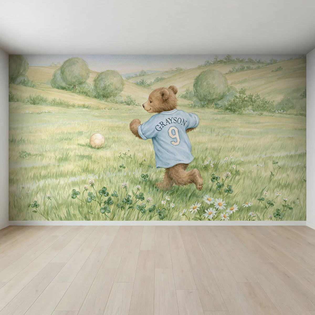 Full view of Soccer Bear Jersey Personalized Wall Mural by Whimsy Tots