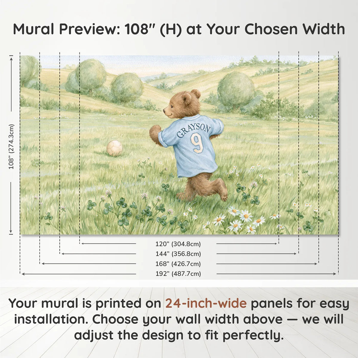 Panel layout and dimensions for Soccer Bear Jersey Personalized Wall Mural by Whimsy Tots