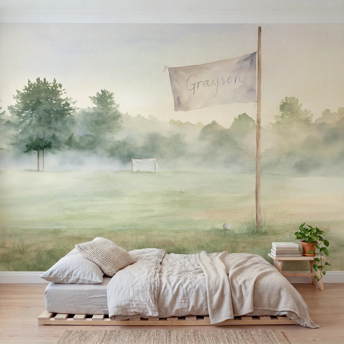 Watercolor misty soccer pitch personalized wall mural with brushed pennant on pole by Whimsy Tots