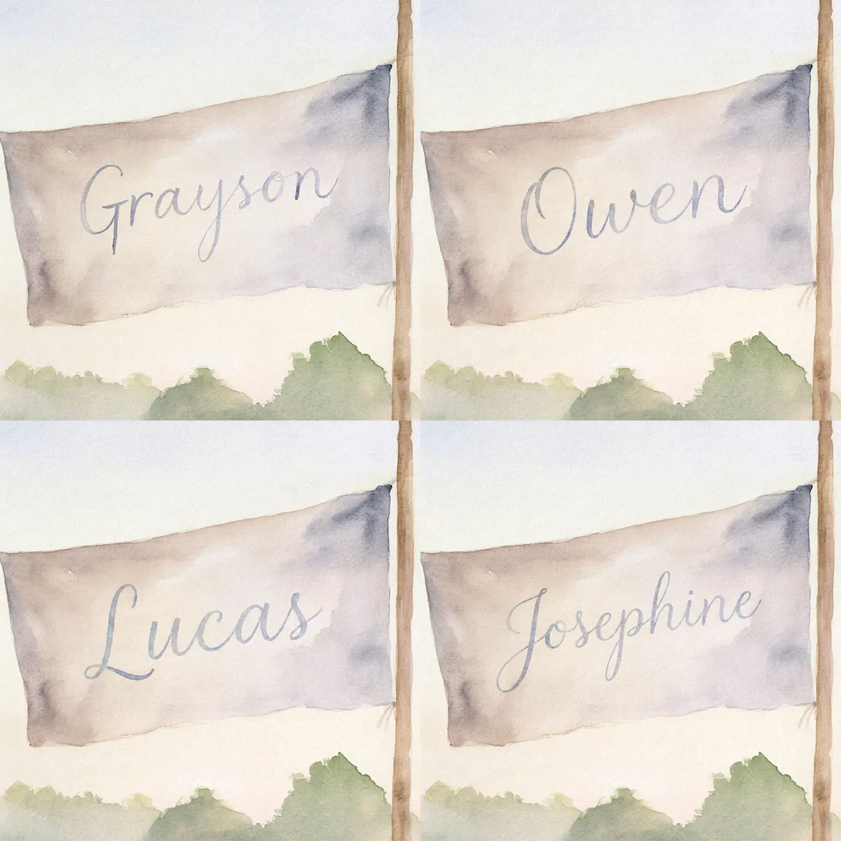 Four name preview examples of Misty Morning Pitch Pennant Personalized Wall Mural by Whimsy Tots