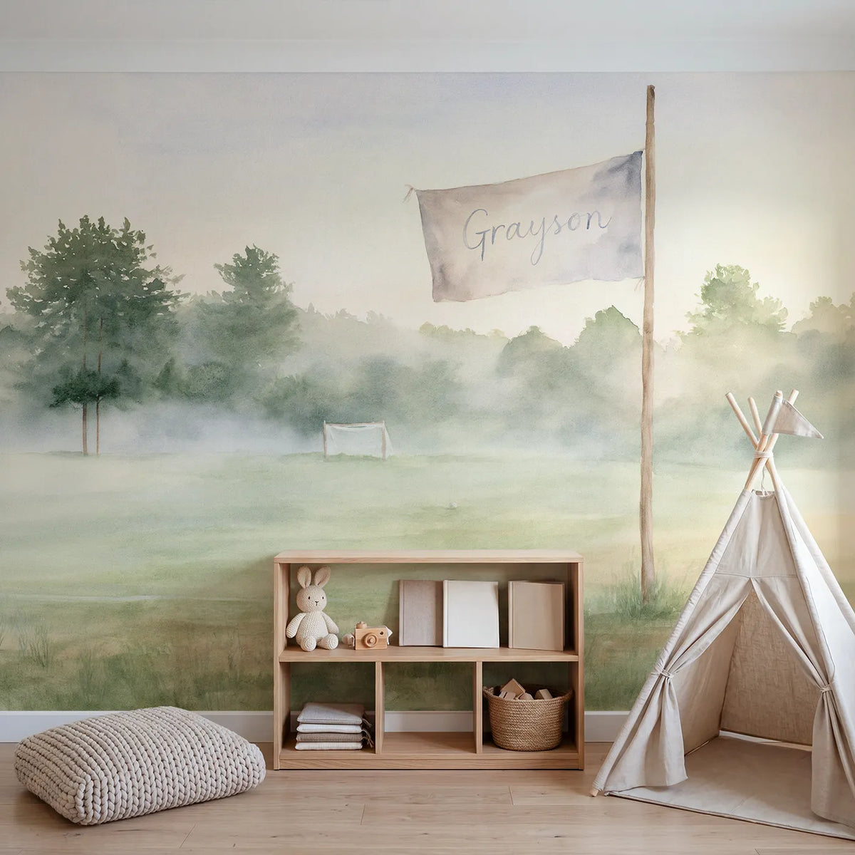 Misty Morning Pitch Pennant Personalized Wall Mural in playroom setting by Whimsy Tots