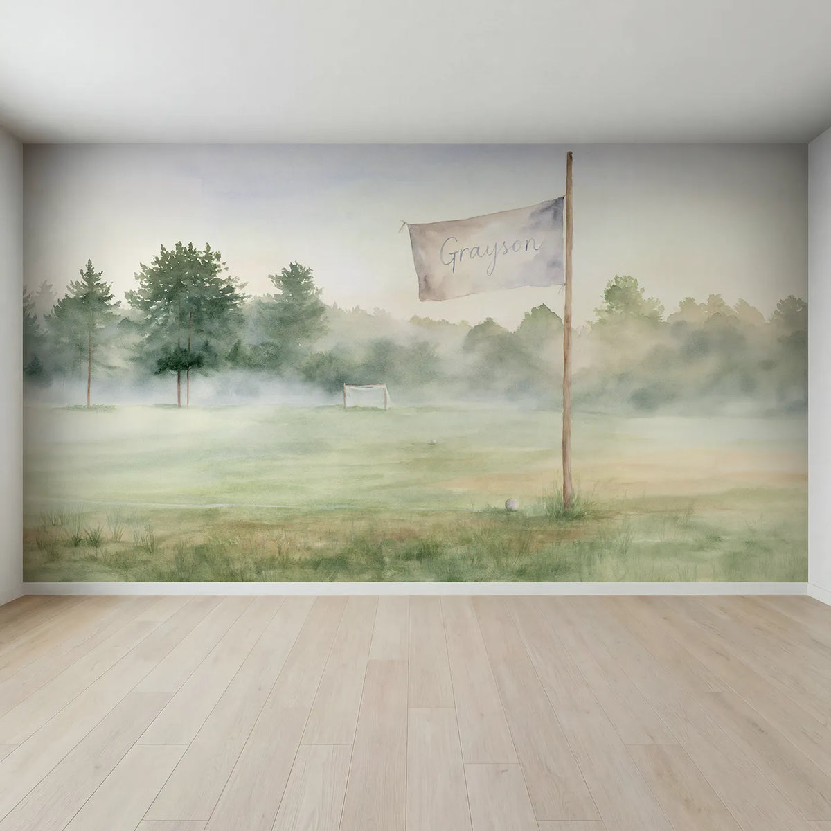 Full view of Misty Morning Pitch Pennant Personalized Wall Mural by Whimsy Tots
