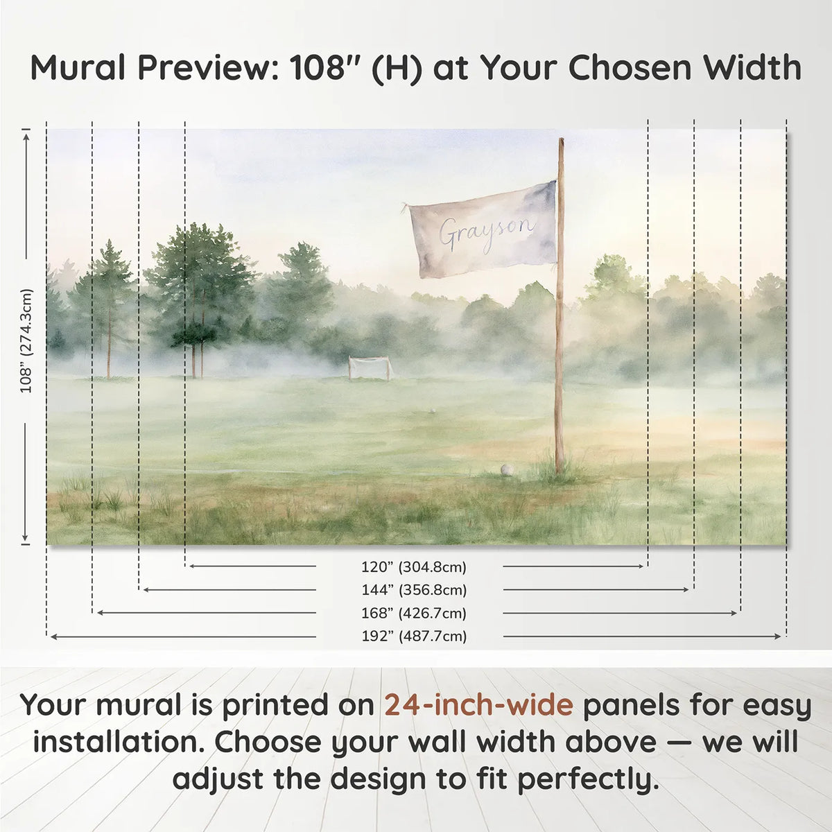 Panel layout and dimensions for Misty Morning Pitch Pennant Personalized Wall Mural by Whimsy Tots