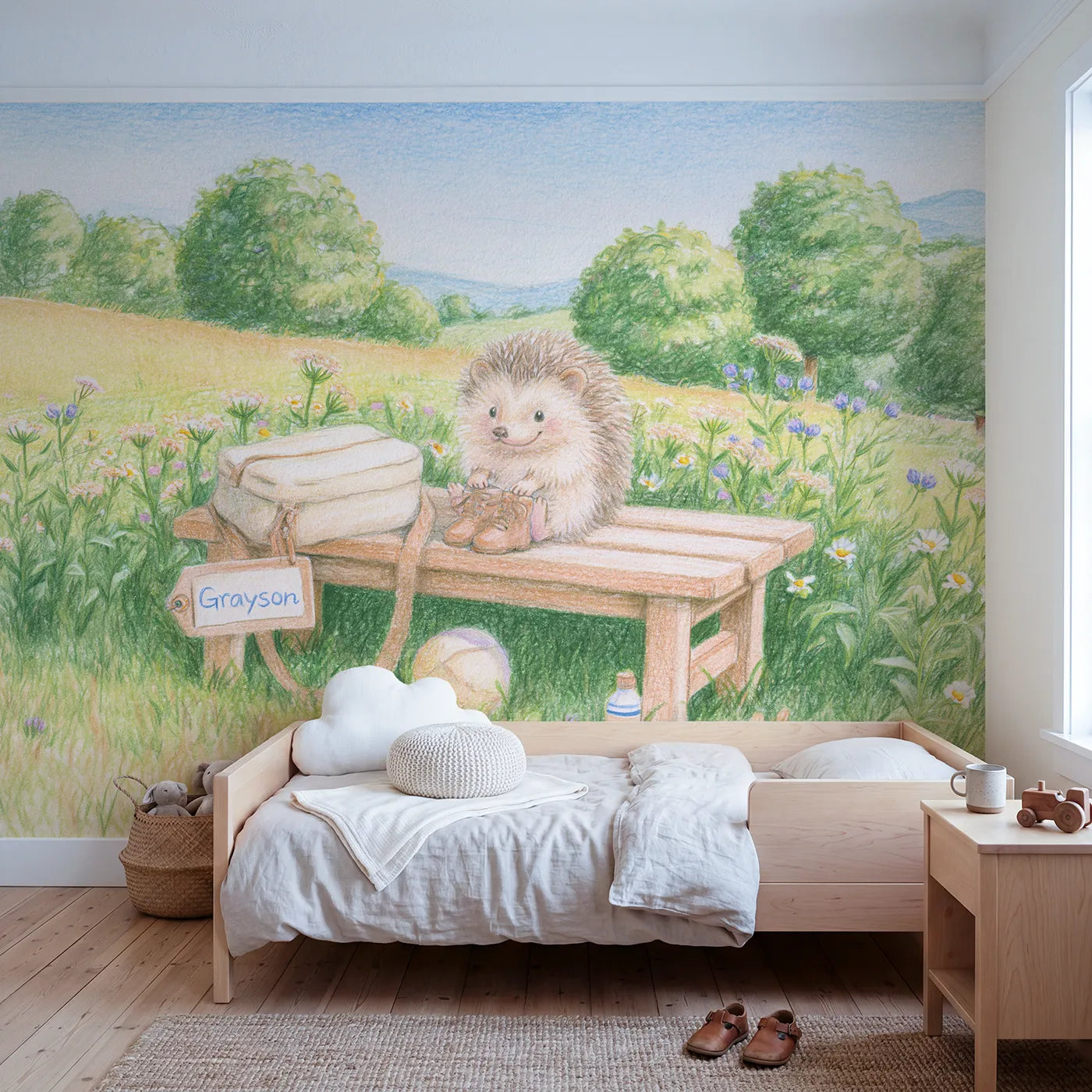 Colored pencil hedgehog kit bag personalized wall mural with drawn strap tag by Whimsy Tots