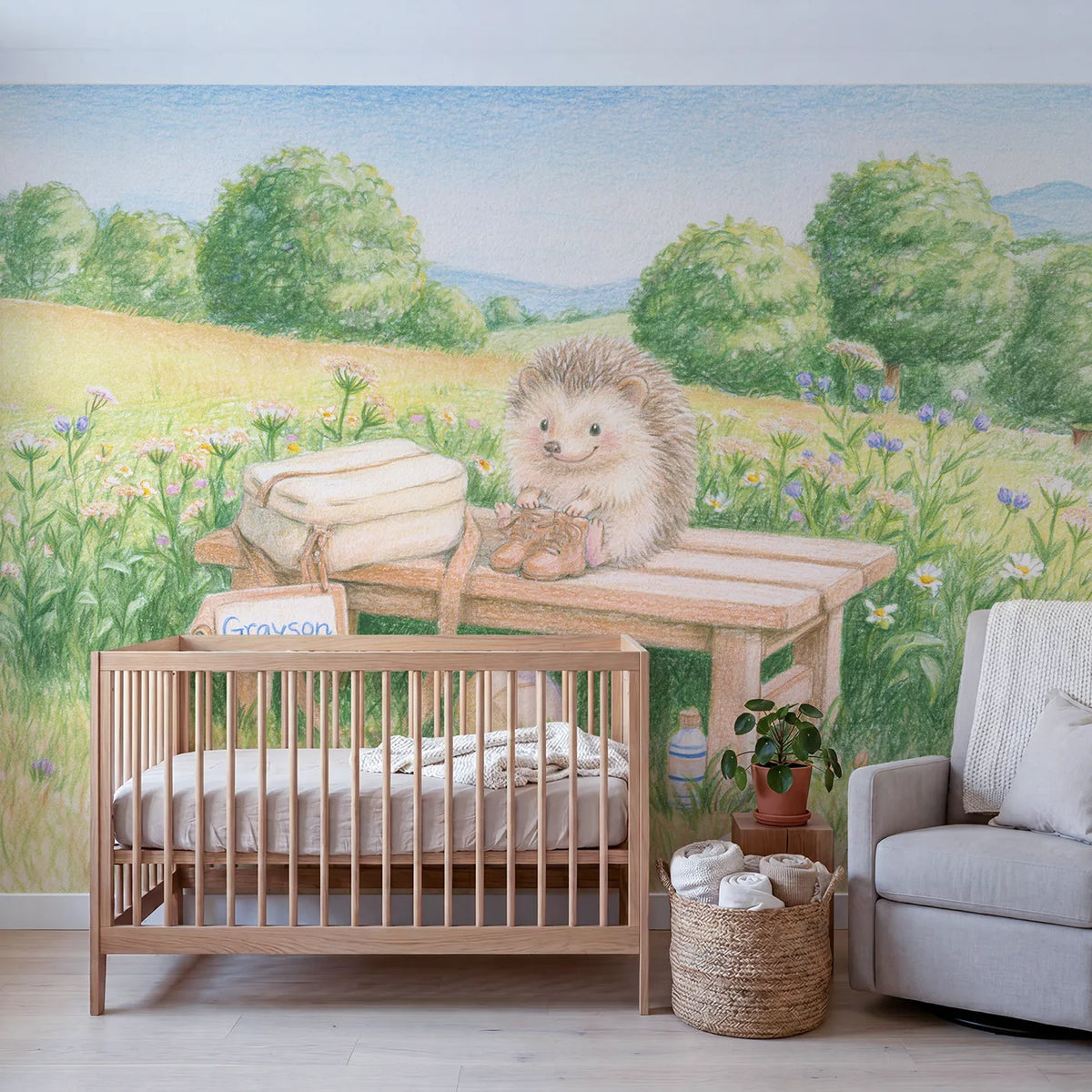 Soccer Hedgehog Kit Bag Personalized Wall Mural in playroom setting by Whimsy Tots