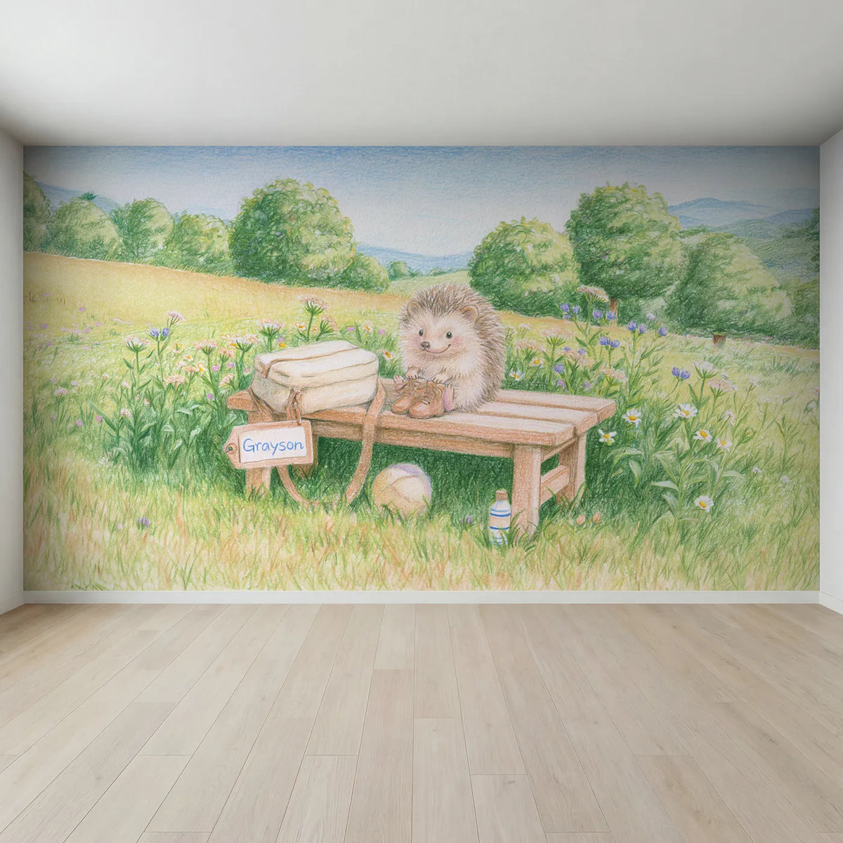 Full view of Soccer Hedgehog Kit Bag Personalized Wall Mural by Whimsy Tots