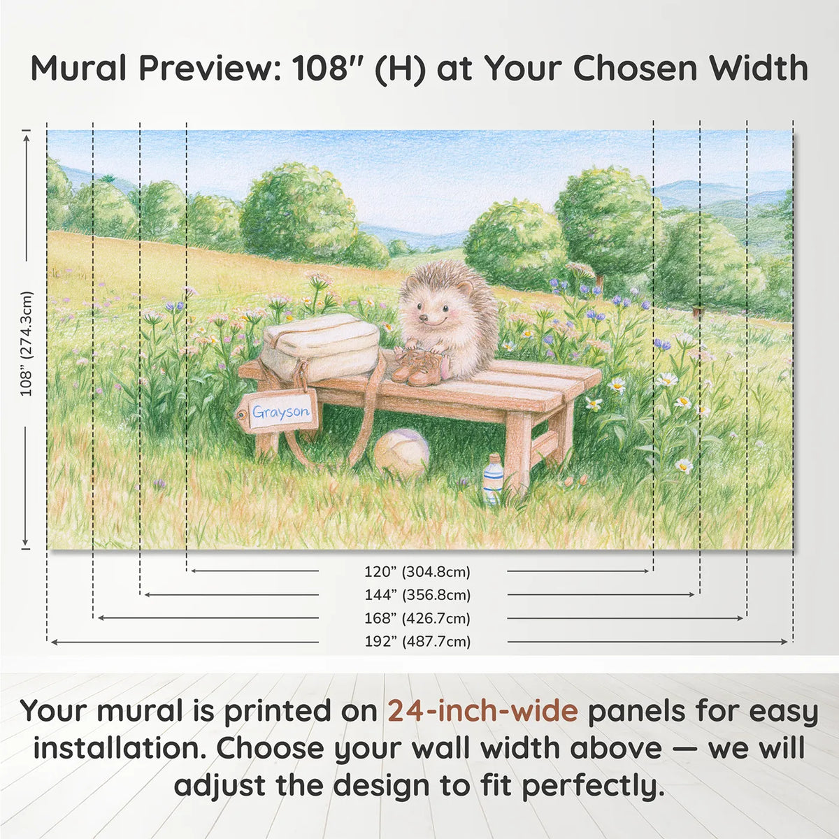 Panel layout and dimensions for Soccer Hedgehog Kit Bag Personalized Wall Mural by Whimsy Tots