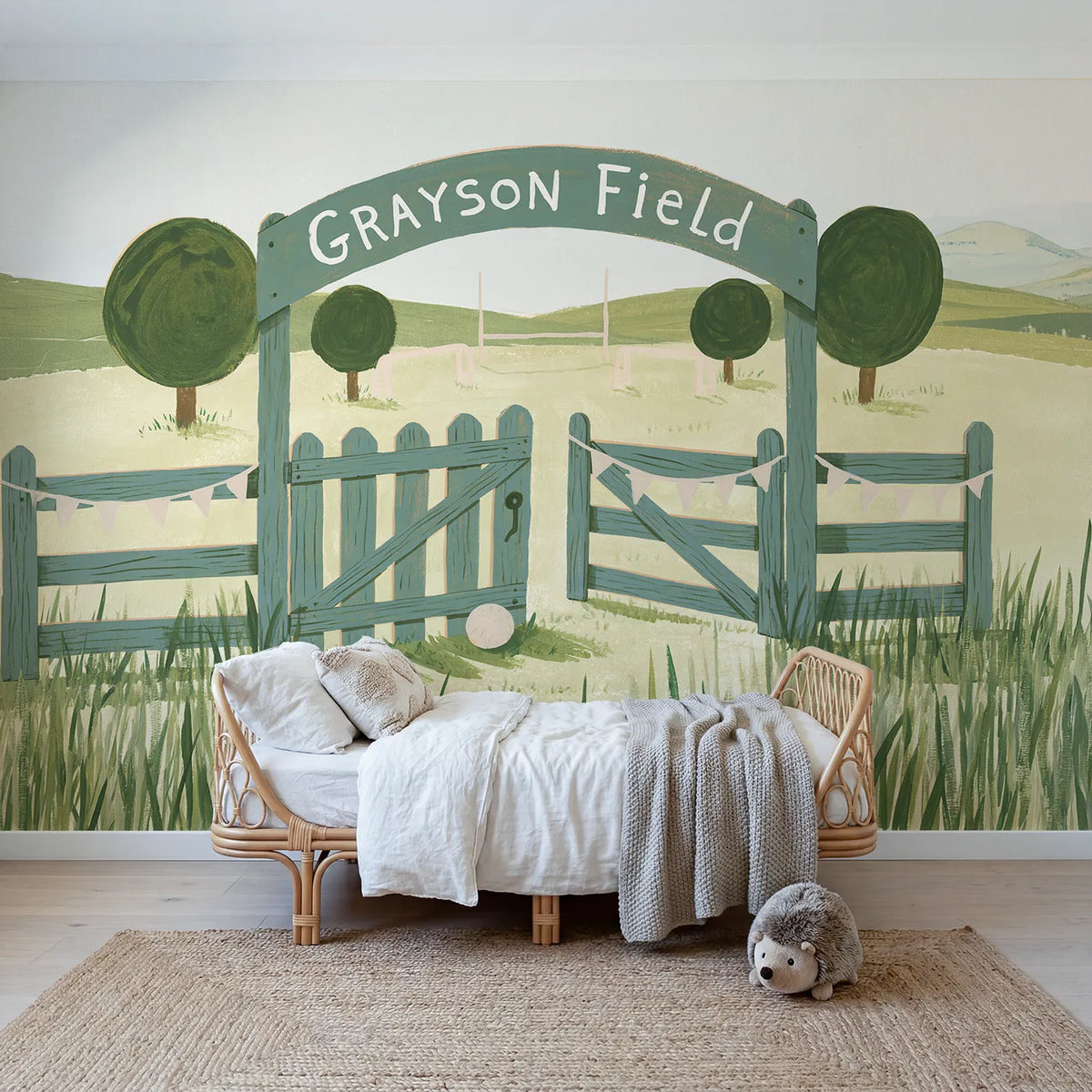 Modern illustration field gate personalized wall mural with lettered arch board by Whimsy Tots