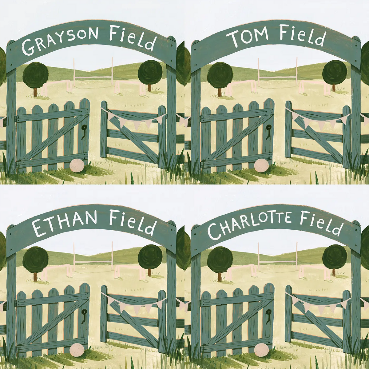 Four name preview examples of Soccer Field Gate Personalized Wall Mural by Whimsy Tots