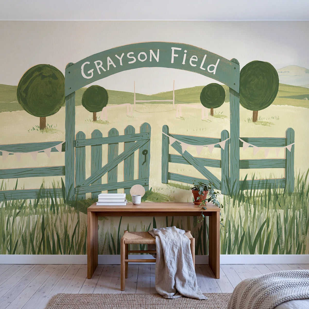 Soccer Field Gate Personalized Wall Mural in playroom setting by Whimsy Tots