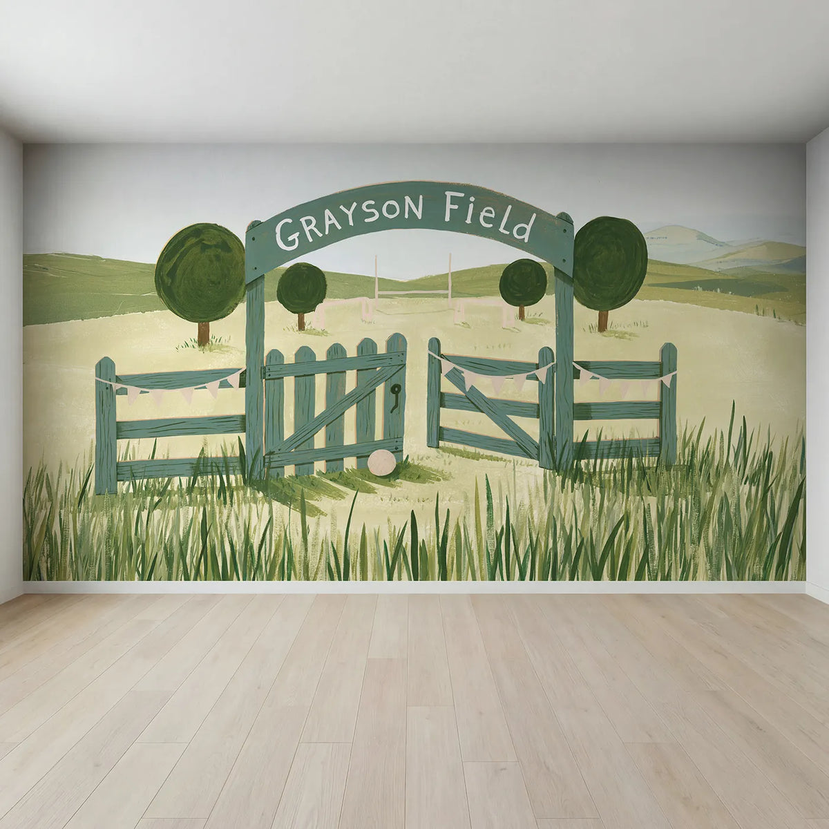 Full view of Soccer Field Gate Personalized Wall Mural by Whimsy Tots