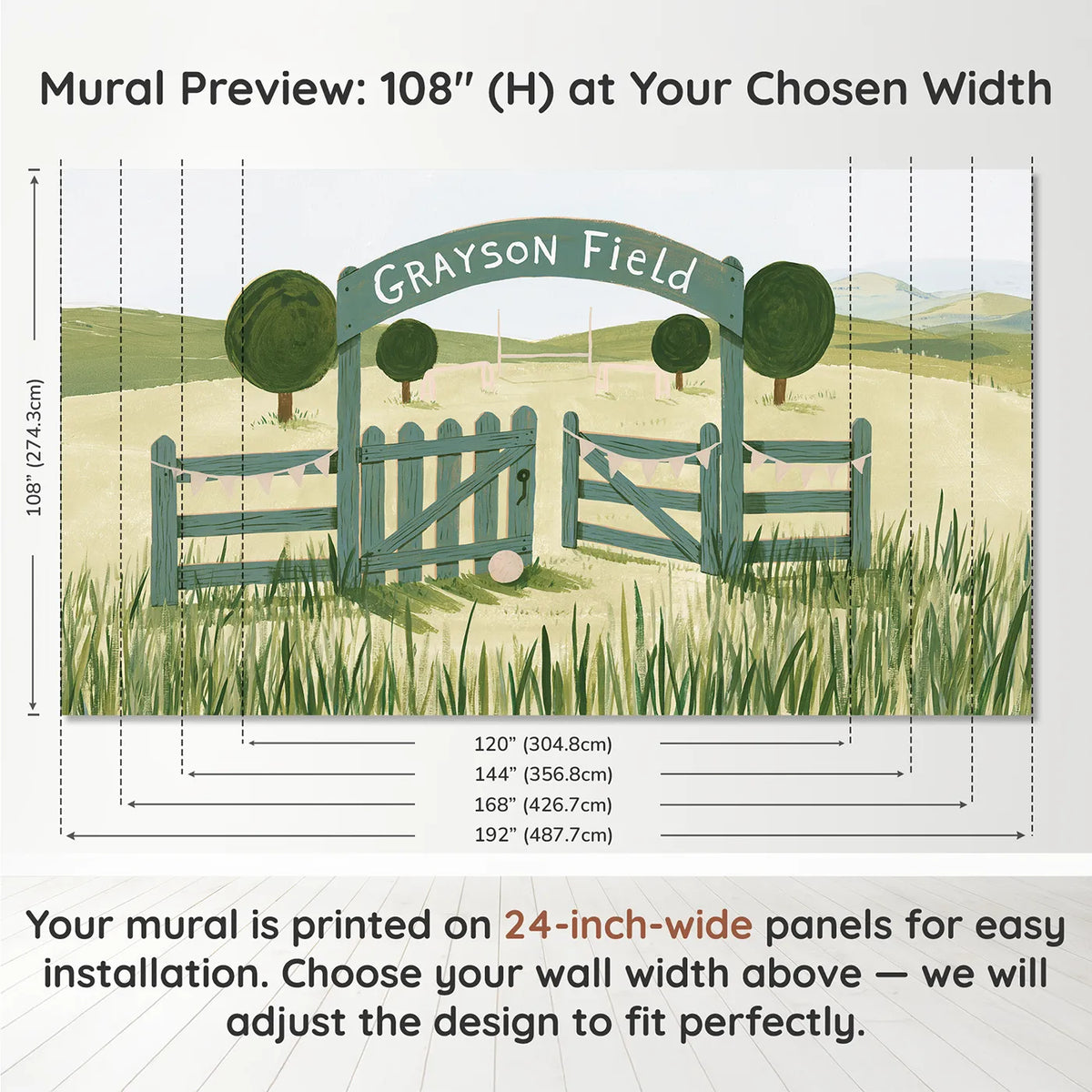 Panel layout and dimensions for Soccer Field Gate Personalized Wall Mural by Whimsy Tots